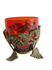 ancien verre  pot vide poche monture bronze vasque décor feuilles vignes raisins