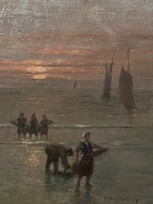 Beau Tableau ancien hst impressionisme marine paysage côtier au crépuscule signé