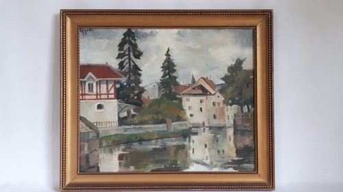 Huile sur toile village - toile, "village