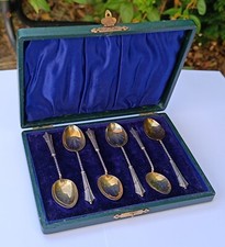 6 cuillères argent doré boîte coffret style russe Birmingham antique sterling