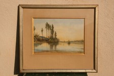 très belle aquarelle rivière berges signée et anotée à mon frère Peretti **