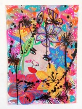 Tableau Abstrait  Coloré  Portrait visage Street Art Fleur Naïf Femme Fait Main
