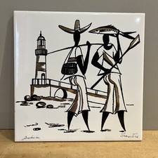 Carreau Décoration Murale Peint main Motif Pêcheurs Bahia Brésil Signé Prentice