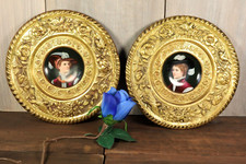 Antique Brass Portrait Plate Pair Repoussé Wall Frames w/ Hand Painted Porcelain