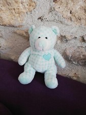 Doudou Peluche Ajena Ours Grelot Hochet Vichy Vert Blanc Carreaux Coeur Cœur