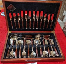 Ensemble de couverts vintage thaïlandais en bronze et bois de rose ~ 44 pièces