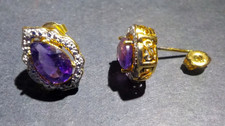Boucles d'oreilles à clou, améthyste & argent 925 plaqué or jaune