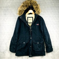 Hollister Veste Parka Femme M Bleu Capuche Fourrure Doublure Sherpa Zippée