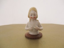 Victorian Girl Blond Hair Germany Porcelain Half Doll Pin Cushion Doll Good 2"