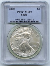 2000 American Eagle 1 OZ Argent Dollar PCGS Ms 69 Certifié Once Lingot - P619