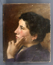 Huile sur toile 19ème portrait d'une jeune fille "Pensive"