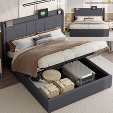 Lit Rembourré 160x200 cm Lit Double Gris avec Coffre de Rangement  en Lin Doux