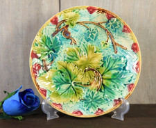 Antique French Majolica Plate Art Nouveau ONNAING Strawberry Leaves Victorian