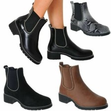 Femmes Gros Talon Plat Motard Punk Clou Bottines Chelsea Chaussures Taille