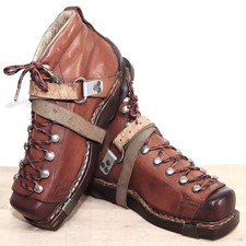 Rare French 1940s Brown Leather Women's Ski Boots Norwegian Stitching 36FR 5US