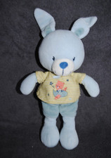 ?Doudou Lapin Bleu POMMETTE Tee-Shirt Raye Vert Avion Etoile Peluche 30 Cm TTBE