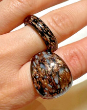 Vintage 2 Noir Déjoué Or Moulé Art Murano Verre Facettes Sz 6/9 Bande Bague DD4