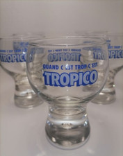 5 verres Tropico vintage transparent , marqué en bleu. Gros pied avec bulle