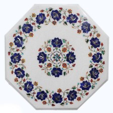 18 " Marbre Blanc Côté Fin Table Top Demi Précieux Pierres Inlaid Floral Art