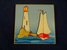 Ancien jouet jeu patience petit carré bois puzzle voilier mer phare  années 30
