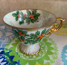 Vintage Luminescent Pearlized Footed Teacup, CHRISTMAS Holly Berries, Gilded Rim