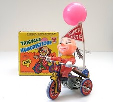 TRICYCLE HUMORISTIQUE CLOWN ANCIEN JOUET MÉCANIQUE MARKI CORÉE +BOÎTE FONCTIONNE