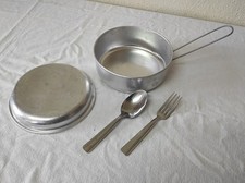 Ancienne Gamelle avec couvercle en aluminium + Couverts Camping, Randonnée