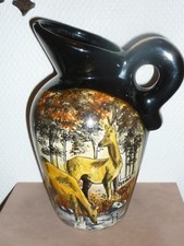 ANCIEN PICHET A EAU PORCELAINE BROC FAIENCE CERDON DU LOIRET CHASSE BICHE CERF 