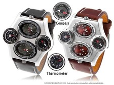 Grosse Montre XXL Militaire 4 Cadrans 2 Fuseaux Horaires + Thermomètre +Boussole