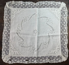 TEXTILE ANCIEN - TAIE D'OREILLER BRODERIE RICHELIEU ET DENTELLES