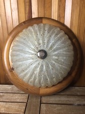 Ancienne Suspension Verre Moulé Doré + Contour Bois Vintage #A378