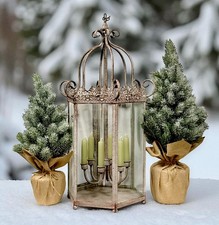 Grande Lanterne Avec Chaîne Grise Bougeoir Métal Verre 6 Bougies 70Cm