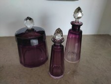 Ensemble toilette ART DECO de 2 flacons et 1 pot à cotons Violet Cristal...