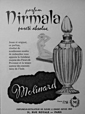 PUBLICITÉ DE PRESSE 1956 MOLINARD PARFUM NIRMALA PURTÉ ABSOLUE