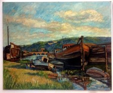 Huile sur Toile, Bateau amarré dans une rivière, signée René Richard