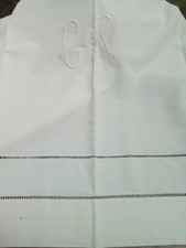 DRAP TOILE COTON BLANC 268X188 MONOGRAMME GK JOURS BRODERIE FAIT MAIN ANCIEN