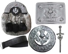 Écossais Kilt Sporran Costume Complet Gris Lapin Fourrure Celte Boucle, Broche 5