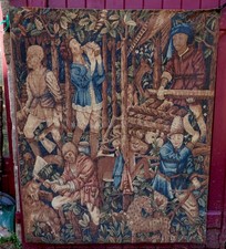 Logging Lumberjacking French Medieval Tapestry La Reigny Panel JP Paris 55"x47"