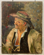 Ancienne Huile Portrait d'un Homme Breton au Chapeau "rond" Bretagne Signée