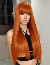 Perruque Synthétique Rousse Orangé Longue A Frange Lisse 70cm +4 Bonnet