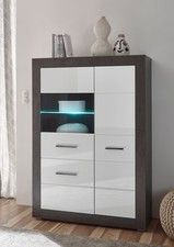 Etero Buffet Haut Vitrine 100cm Sombre Concret / Blanc Laqué Moderne Verre Avant