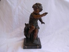 ANTIQUE FRENCH SPELTER STATUE,BOY WITH DOG,SIGNED,LATE 19th CENTURY.