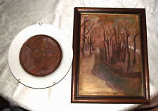 PAYSAGE  SUR CUIR RELIE GAUFRE EN RELIEF TABLEAU ET ASSIETTE SIGNE