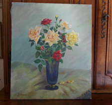 Tableau Peinture à huile sur toile Bouquet de  ROSES  de G. PEJEAL  55 cm H