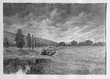 Tableau fusain "Paysage de champs et forêt" signé 0. Gorgeot XIX° siècle