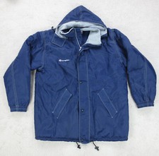Parka Vintage 90s Champion XL Bleu USA Oversized Sportswear Imperméable Capuche