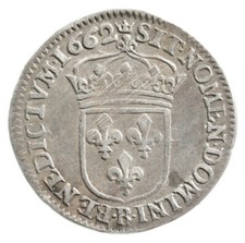 Monnaie française LOUIS XIV, 1/12 d'écu au buste juvénile, 1662, Rouen