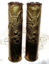 TRAVAIL DE POILU ARTISANAT TRANCHÉE PAIRE DOUILLE D'OBUS SCULPTÉ CERISES 14 18