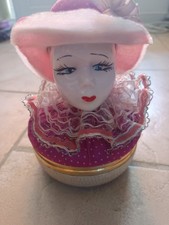 Ancienne boite bijoux, poudrier, poupée, visage femme en porcelaine