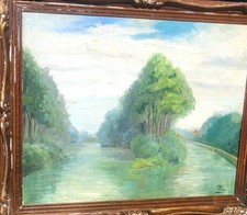 F. FORCHT. 1931 Grand Tableau. Paysage Fluvial Peinture huile sur toile signée